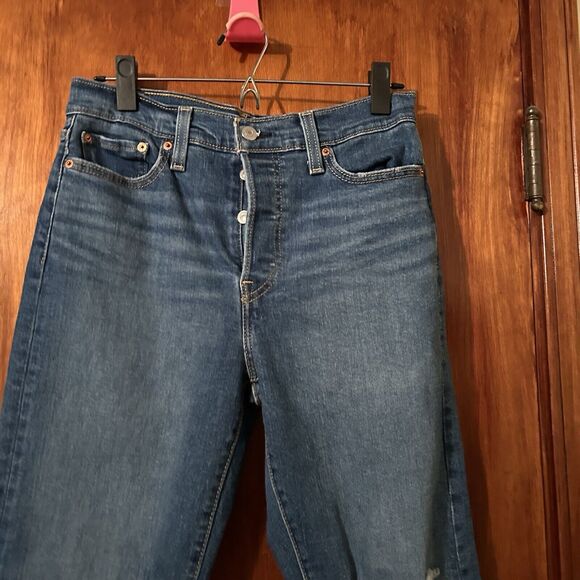 Levi's Jeans Wedgie Straight Women’s 29 Distressed Dark Blue Denim Button Fly - Picture 2 of 10